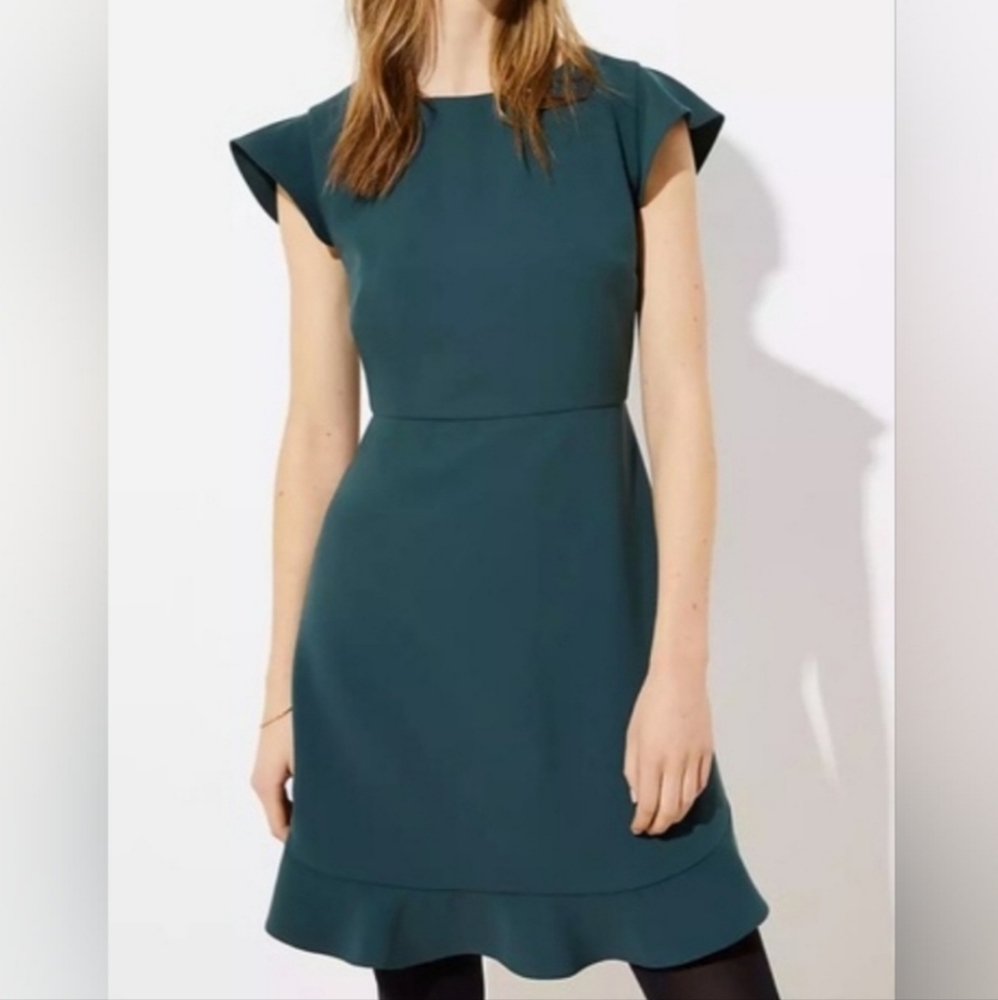 LOFT Flutter Flounce Dress in Deep Bottle Green - Size 2